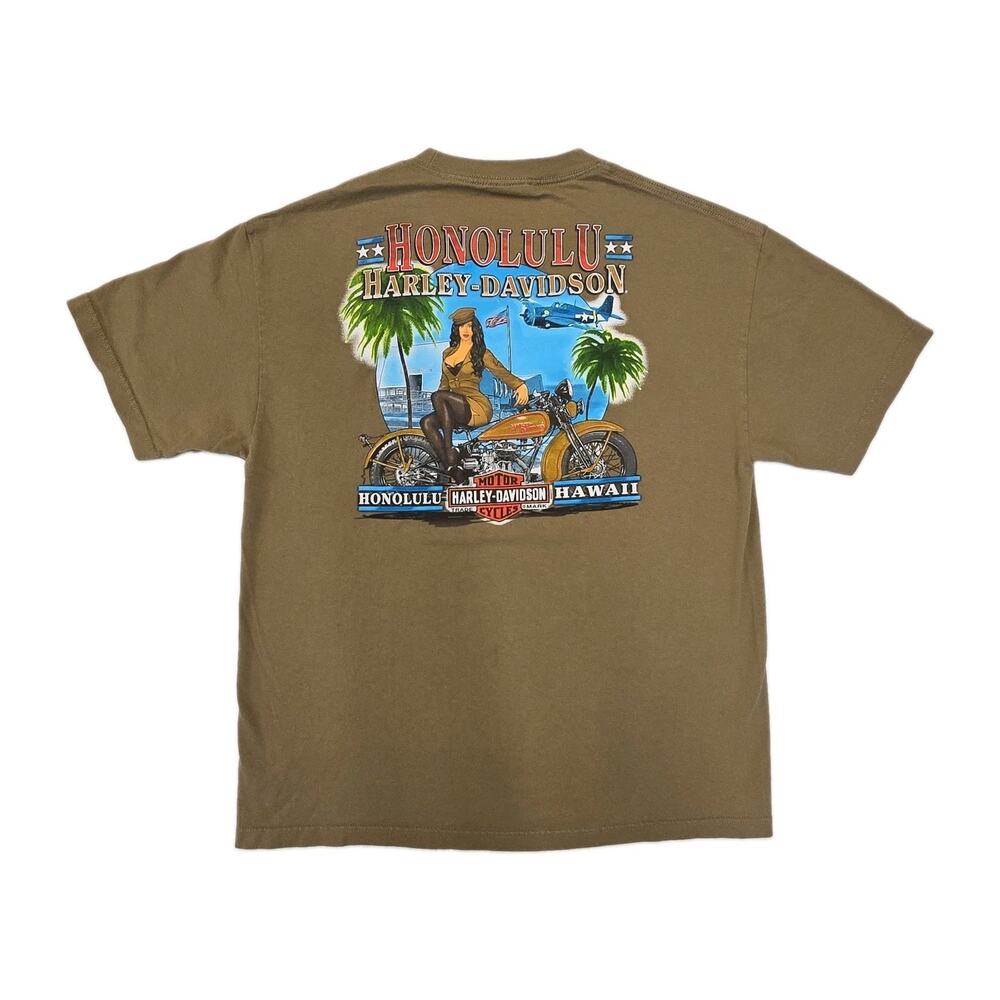 Harley Davidson Honolulu Hawaii T-Shirt XL Brown Pinup Girl Military Biker